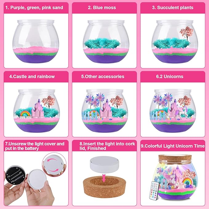 RONSTONE Uni-Corn Terrarium Kit Toys for Girls - Birthday for Girls Ages 4 5 6 7 8-12 Year Old - Light Up DIY Uni-Corn Arts and Crafts for Kids