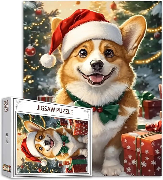 Merry Christmas 1000 Piece Jigsaw Puzzles for Adults Cute Little Dog Painting Jigsaw Puzzle Animal with Christmas Hat 1000 Pieces Puzzles Game Home Wall Decor DIY Craft Xmas Tree Puzzle Art Gift