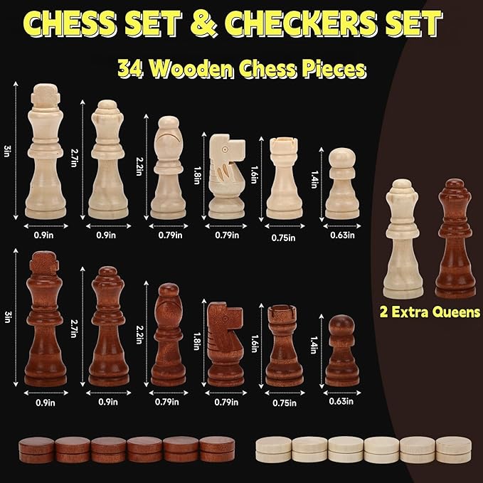 Chess Board Sets, 15 Inch Magnetic Chess Set for Adults & Kids, Checkers Board Game, Handmade Folding Chess Boards with 2 Extra Queens by Kiapeak