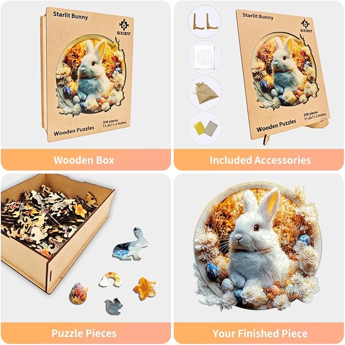 Wooden Jigsaw Puzzle, 200-500 Pieces Unique Shape Animal Puzzle, for Adults & Kids, Birthday Gift Family Game, Decorative Puzzle, Unique Gift (Starlit Bunny, 200 PCS)
