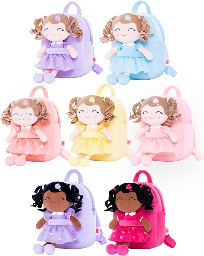 Gloveleya Toddler Backpack Baby Girl Gifts Plush Bag Diaper Bag with Spring Girls Doll Curly Hair Girl Toys with Love Pink 9 Inches