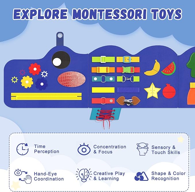 Crocodile Montessori Busy Board - Sensory Wall Panel for Kids, Felt Activity Cube for Toddlers, Daycare Toys, Playroom Furniture Essentials, Wall Mounted Sensory Board Toy Gift for Boys Girls, 3-6