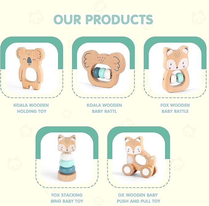 Freniland Wooden Montessori Toys, 5-Piece Wooden Baby Toy, Koala Baby Rattle, Fox Stacking Ring, Little Fox Push and Pull Toys,Koala Holding Toy,Newborn Baby Gift Sets for Boys and Girls