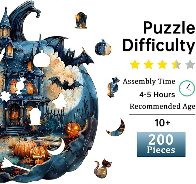 Jigfoxy Wooden Puzzles for Adults, Halloween Pumpkin Wood Puzzles Adult, Unique Animal Shape Wooden Jigsaw Puzzles for Adults, for Puzzle Lovers, Family (M-11.4 * 10.6in-200pcs)