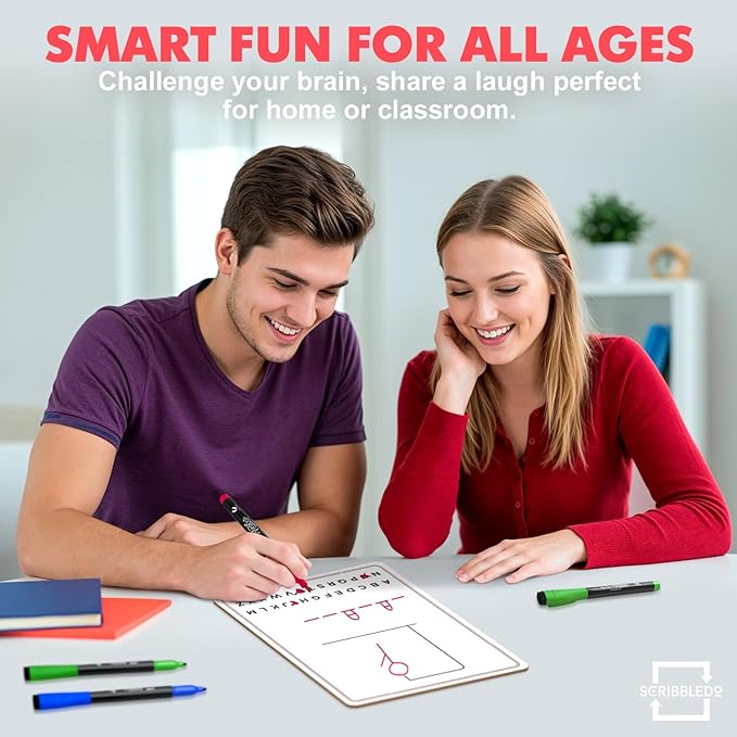 SCRIBBLEDO Hangman Board Game 9”x12 Dry Erase Double-Sided Whiteboard with Blank Writing Surface Hang Man Games Reusable Portable Erasable Hangman Game for Travel Classrooms Homeschool Family Fun