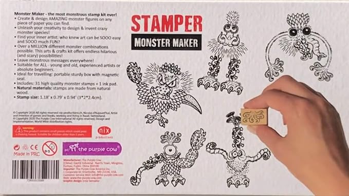 The Purple Cow - Stamper - Monster Maker Stamp Kit for Kids. Paint Stamper for Arts and Crafts. Develop Creativity with 31 Stamps and an Ink pad, for Girls and Boys Ages 6 to 16.
