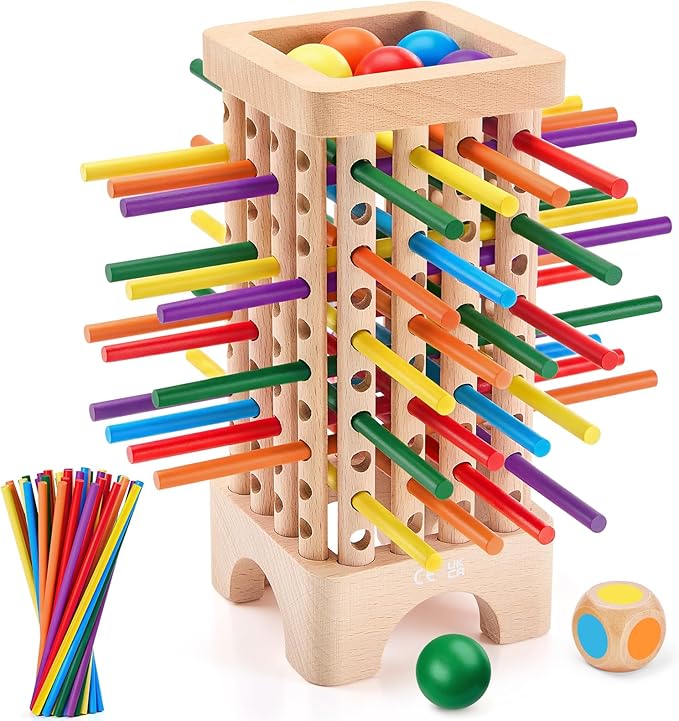 Montessori Game Wooden Board Games, 42 Colorful Sticks Dice Game Math Learning Toys for 3 4 5 6 Year Olds, Builds Fine Motor Skills & Counting, Family Travel Games for 3 Year Olds Gift for Kids