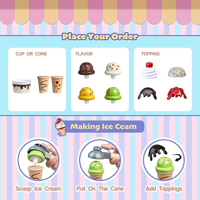 Wooden Ice Cream Cart Toy Playset with Ice Cream Toys Pretend Play Food Truck Play Kitchen Accessories with Ice Lolly & Scoop & Menu Wooden Toys Gift for 3 4 5 6 7 8 Year Old Girls Boys