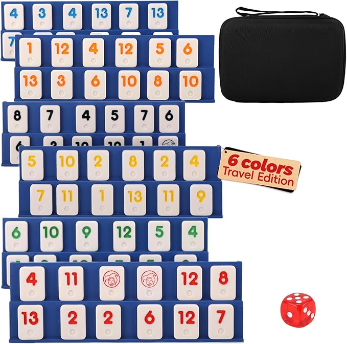 Mini Rummy Cube Game Set 6 Players with 6 Holders and 160 Rummy Tiles, Small Travel and Family Board Game for Adults and Kids