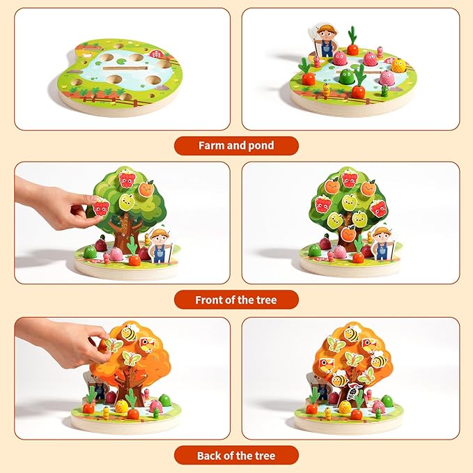 Toddler Sensory Montessori Wooden Preschool Learning Educational Gift Toy for Kids Ages 3 4 5, Shape Color Sorter Apple Picking Carrot Harvest Game,Magnetic Fishing - Fine Motor Skills Toys