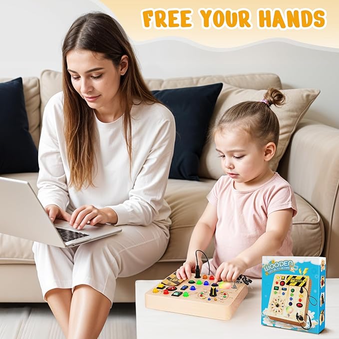 Busy Board with Led Light, Montessori Toys for 1-3 Years Old Boys Girls Wooden Toddler Toys Birthday Gift Educational Toys for 1+ Year Old, Toddler Travel Toy Sensory Toys for Kids with Autism