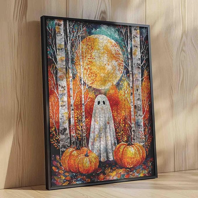 Halloween Puzzle for Adults 1000 Pieces Cute Ghost in Autumn Forest Jigsaw Full Moon Pumpkin Fall Aesthetic Puzzles Spooky Fun Challenging Puzzle for Women Men Teens Family Halloween Decor Gift