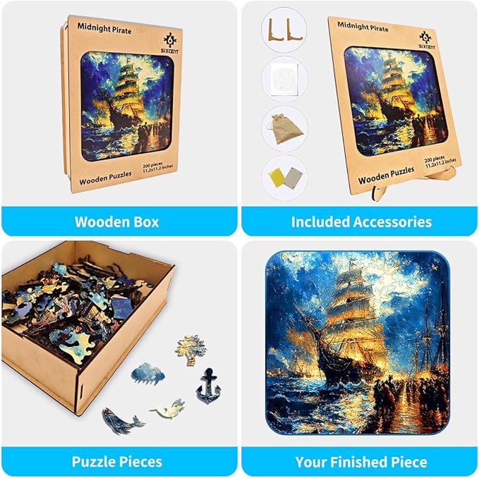 Wooden Jigsaw Puzzle, 200-500 Pieces Unique Shape Animal Puzzle, for Adults & Kids, Birthday Gift Family Game, Decorative Puzzle, Unique Gift (Midnight Pirate, 200 PCS)