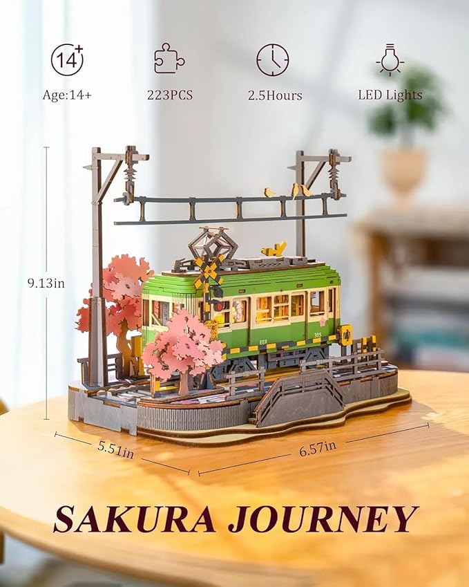 3D Wooden Puzzle Model Kit, LED Light Tram with Cherry Blossoms, 223 Pieces, 6.57 x 5.51 x 9.13 inches