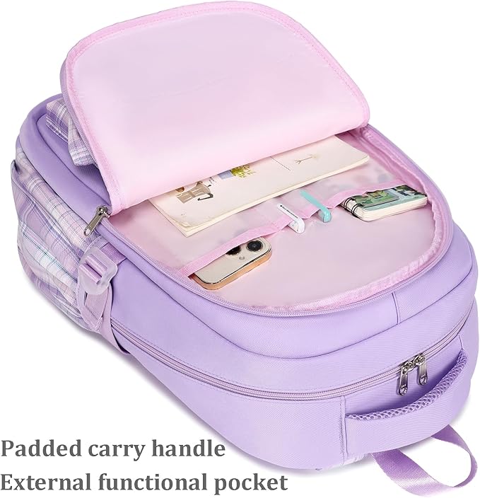 JIANYA Girls Backpack for School Kids Backpack with Lunch Box Elementary School Backpack for Girls, Bow/Purple