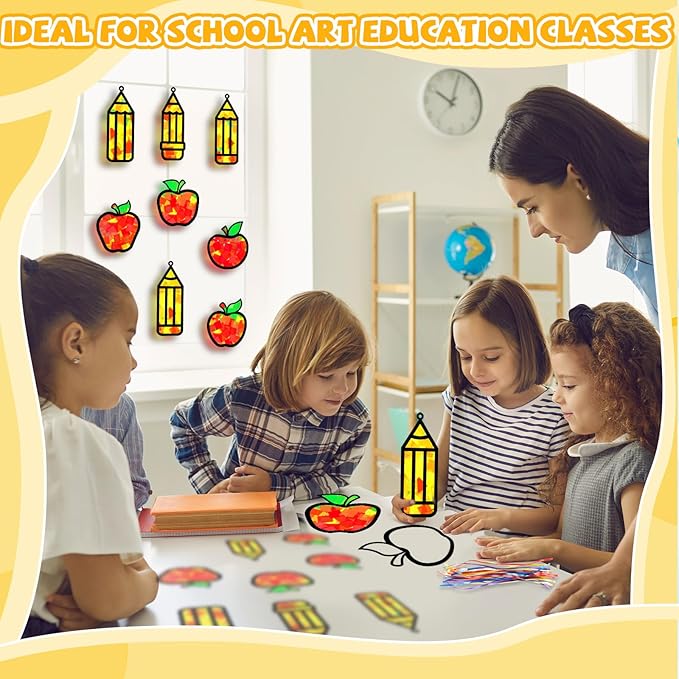 32 Sets Back to School Apple Pencil Suncatchers Craft Kit DIY Window Stained Glass Effect First Day of School Paper Craft Home Classroom Decoration Kid Birthday Gift Creative Art Project Activity Game