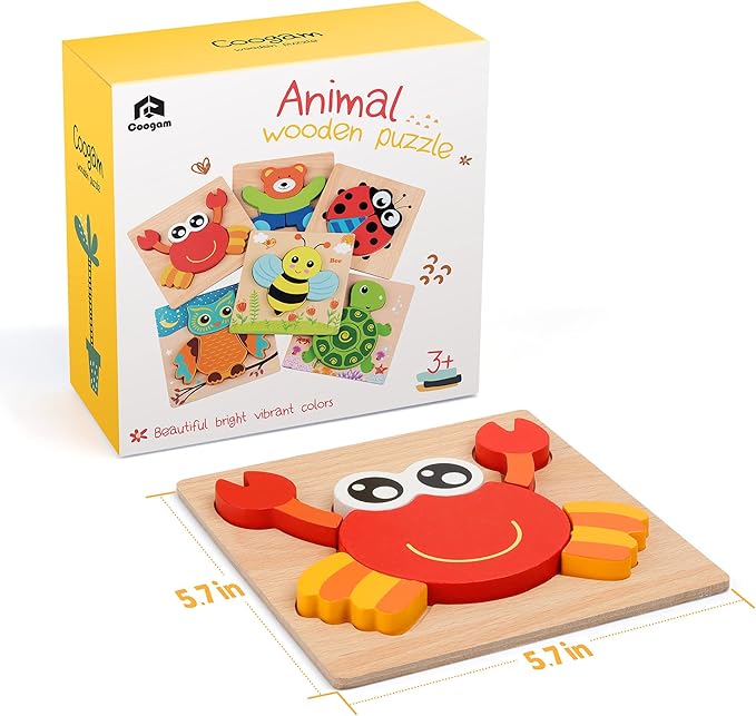 Coogam Wooden Jigsaw Puzzle Set, 6 Pack Animal Shape Color Montessori Toy, Fine Motor Skill Early Learning Preschool Educational Gift Game for Years Old Kids