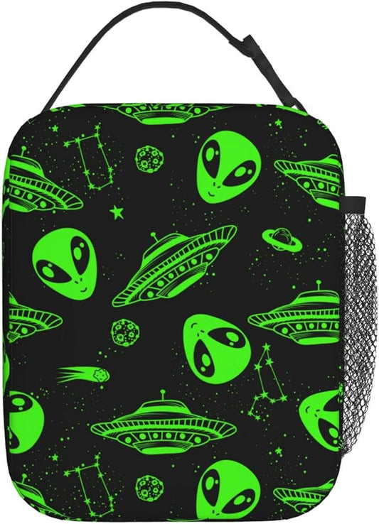 Green Ufo Alien Star Reusable Lunch Box Food Bag Insulated Lunch Bag for Teenage Boys Girls School Beach