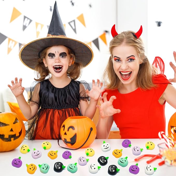 WATINC 28pcs Halloween Pumpkin Mochi Squeeze Toys for Kids, Happy Halloween Stress Relief Gifts Mochi Fidget Toys Treat Goodie Bags Fillers Classroom Prize Christmas Stocking Party Favors Decorations