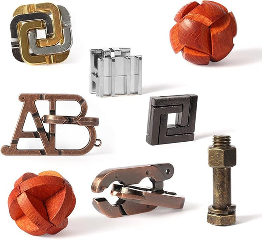 8 Pcs Brain Teaser Puzzles Favor Educational Toys Mind Puzzles Ancient Wooden and Metal 3D Unlock Interlock IQ Puzzles Box Game