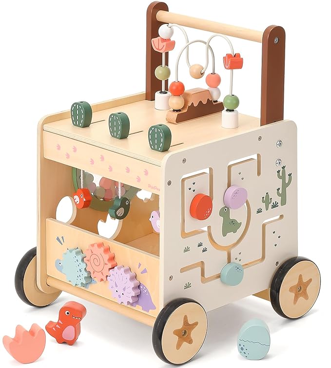 PairPear Wooden Baby Walker,6 in 1 Dinosaur Play Walker Adjustable Speed Push Cart with Brake & Shape Sorter,Natural Solid Wood Activity Center Toy for Toddlers 12M+