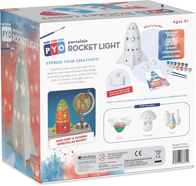 MindWare Paint Your Own Porcelain: Rocket Light with 2 Tea Lights, 12 Paints & 2 Brushes - Creative paintable Pottery Crafts & Gift Kits for Kids