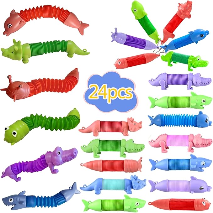 Pop Tubes Fidget Toys 24 Pcs,Party Favors Supplies Birthday Gifts for Kids Adults,Easter Basket Goodie Bags Stuffers,Sensory Toys for Anxiety ADHD Stress Relief,Treasure Box Toys Classroom Prizes