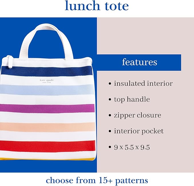 kate spade new york Portable Soft Cooler Lunch Bag, Thermal Tote with Insulated Interior Lining and Storage Pocket, Lunch Tote for Women, Candy Stripe