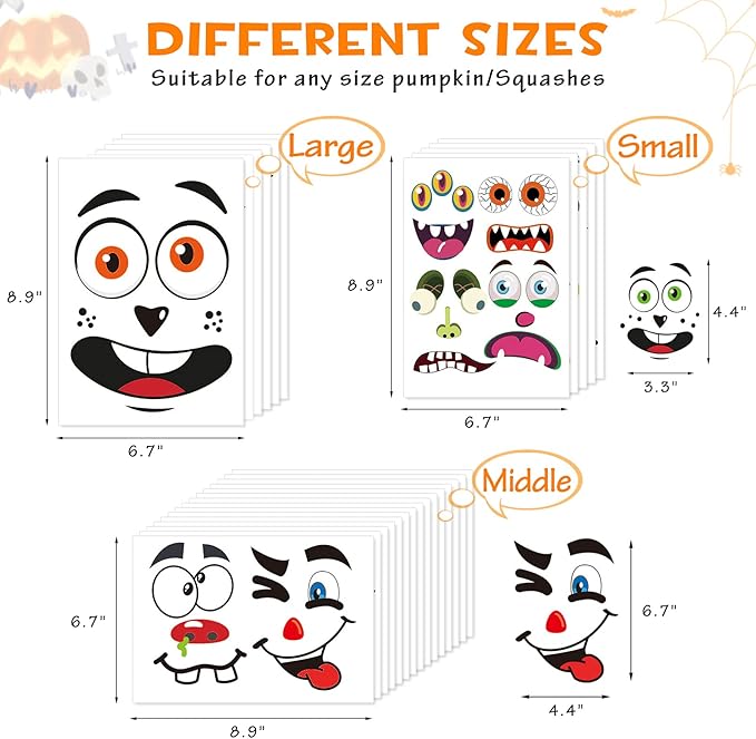 BainGsek 26 Pack Halloween Decoration Stickers, 56 Fun and Classic Pumpkin Face Stickers, Pumpkin Painting Craft Kit, Halloween Party Gift to Kids Decorations to Make Jack O Lantern Face Decal