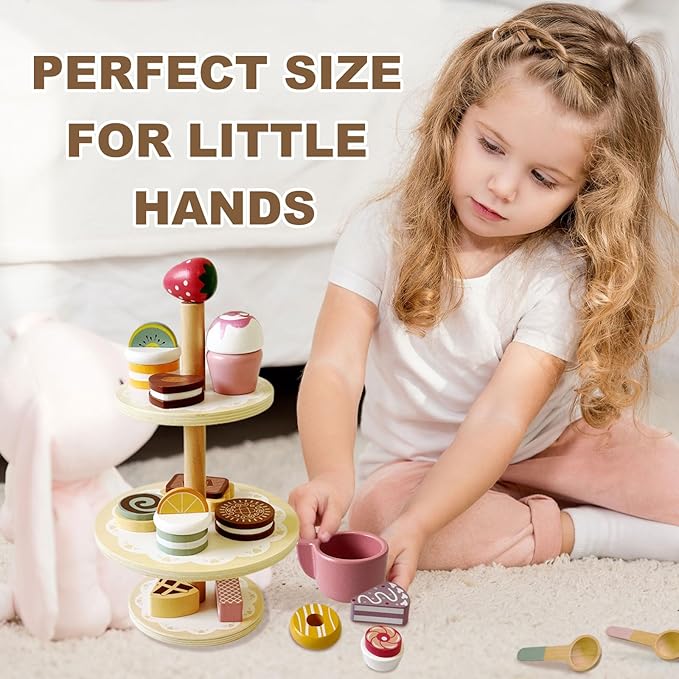 Wooden Dessert Stand Toy Set for Kids – 3-Tier Cake and Pastry Tower, Pretend Play Tea Party Accessories, Montessori Kitchen Toy for Toddlers Ages 3+