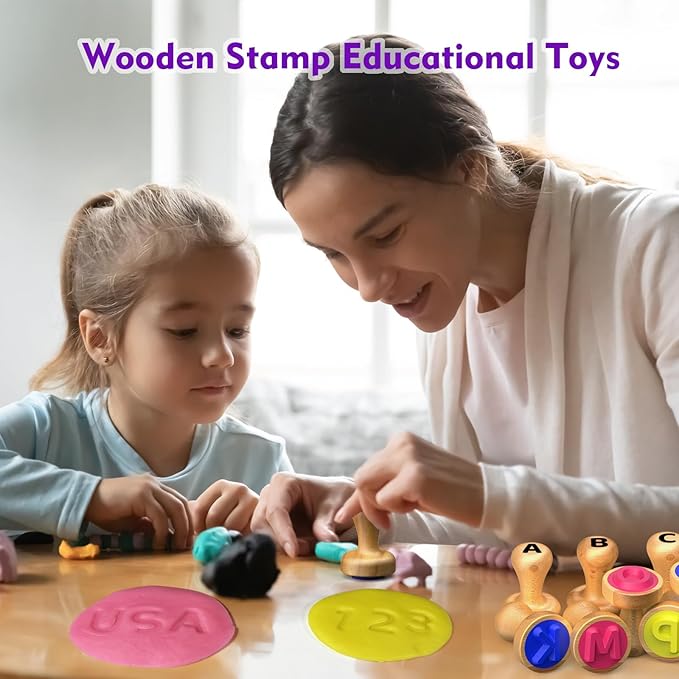 Montessori Wooden Alphabet & Number Stamp Set with Playdough, Flashcards, Toddler Learning Activities for 3-5 Year Olds, Learn ABCs, Numbers, Words, Addition - Preschool Classroom Supplies