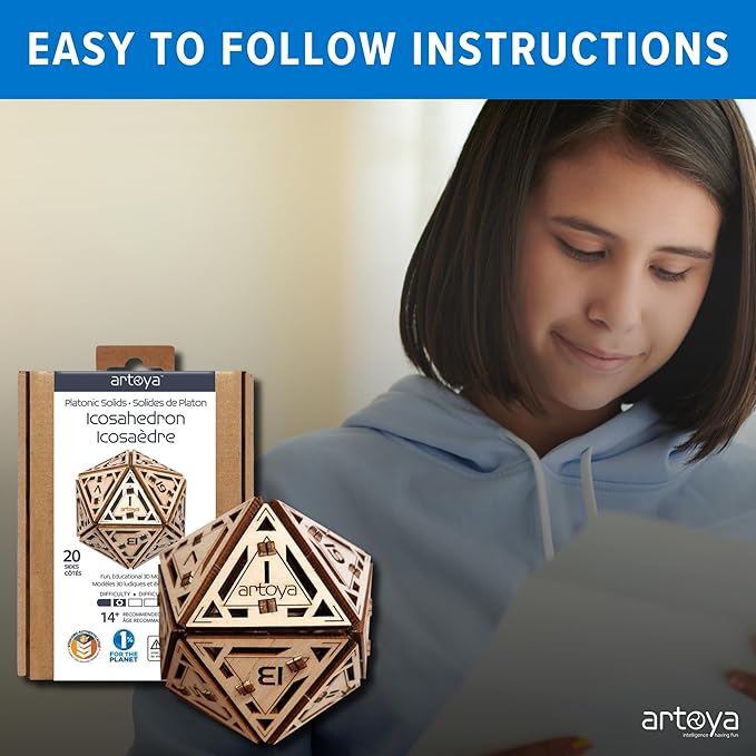 3D Wooden Puzzles for Teens & Adults – Smart Brain Teaser Puzzles, Wood Models, Creative & Educational Fun, Sustainable Materials, Ages 14 and Up Icosahedron D20