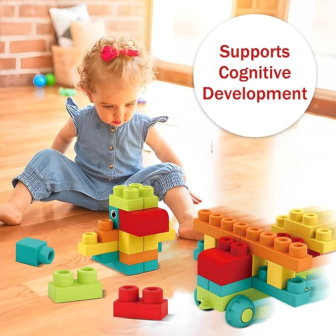 Soft Building Blocks STEM Montessori Preschool Learning Stacking Sensory Toys, Large Construction Block Set, Rubber Blocks 12-18 Months Block Bag with 42 Pieces and Storage