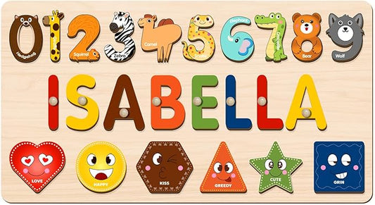 Name Puzzles for Toddlers Boy and Girl, Personalized Wooden Shapes Puzzles for Toddlers 1-3, Educational Toys, Customized Baby Gifts, 1 Year Old Girl Gifts