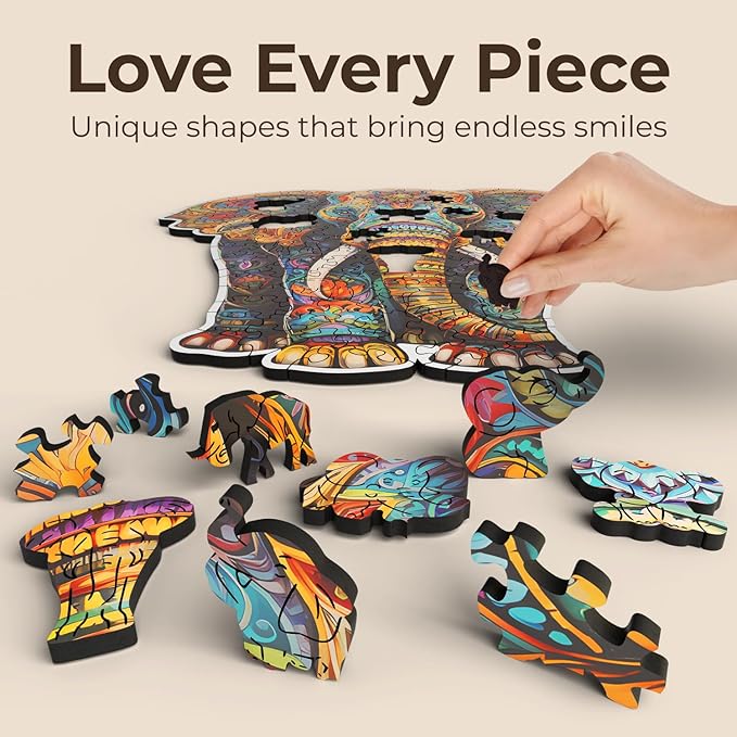 CRAFTHUB Animal Wooden Puzzles for Adults – A3 Vivid Elephant with 155 Pieces Wood Puzzles – Jigsaw Puzzles with Unique Animal Shapes – 11" x 10.5"