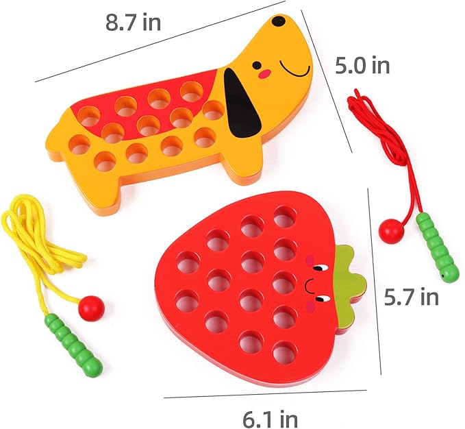 Wooden Lacing Threading Toys Fine Motor Skill Toys for 3 Year Old Educational and Learning Montessori Toddler Travel Toy 1 Strawberry and 1 Dog