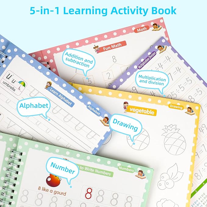 Full Set Handwriting Practice Kit, Reusable Copybooks for Kids, Children's Writing Practice Books, Grooved Handwriting Workbooks with Pencil Grips, Writing Aid for Preschool Kindergarten