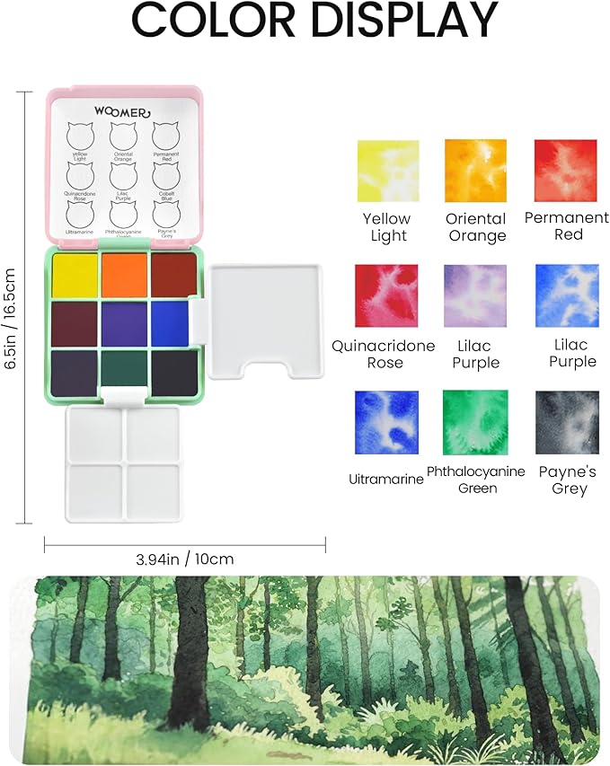Woomer Pocket Watercolor Paint Set, 9 Vivid Colors Travel Watercolor Paint with 2 Foldable Palettes, Wash Cup, Perfect Water Color Set for Kids Beginner Students Adult Gift