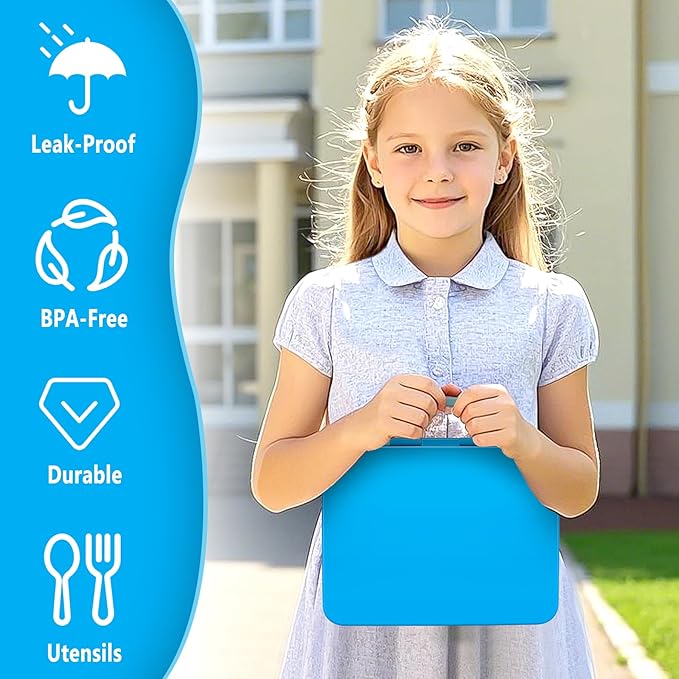 Kids Bento Lunch Box with Ice Pack, 5 Compartments Leak-Proof Bento Box with Utensils, 5.5-Cup Capacity for Adults & Ages 8+, BPA Free, Microwave & Dishwasher Safe, Blue