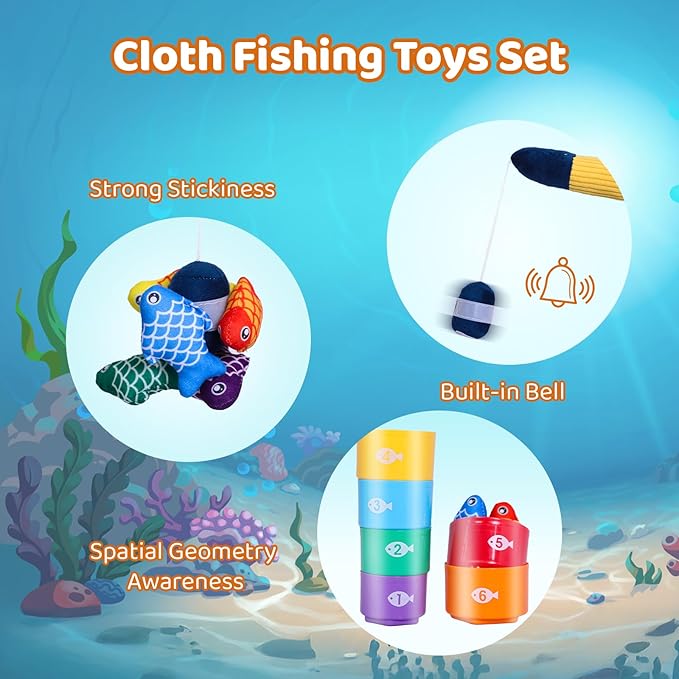 Montessori Toys for 1 Year Old, 27 Pcs Cloth Fishing Game for Toddlers Sorting Toy, Baby Toys for 1 Year Old Boy with Stacking Cups, Fishing Toys for Toddlers 1-3 First Birthday Gifts for Boy Girl