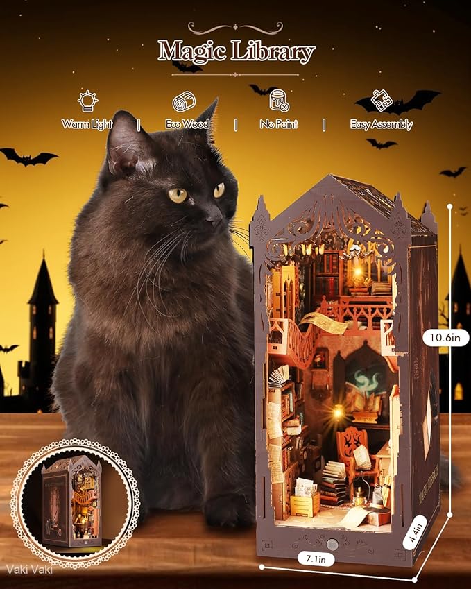 [2025 New] Magic Bookstore Book Nook Kit with Dust Cover & LED Light, DIY Miniature House Kit Toy, 3D Wooden Puzzle Bookshelf Decor Building Kit, Birthday Gifts for Family & Friends