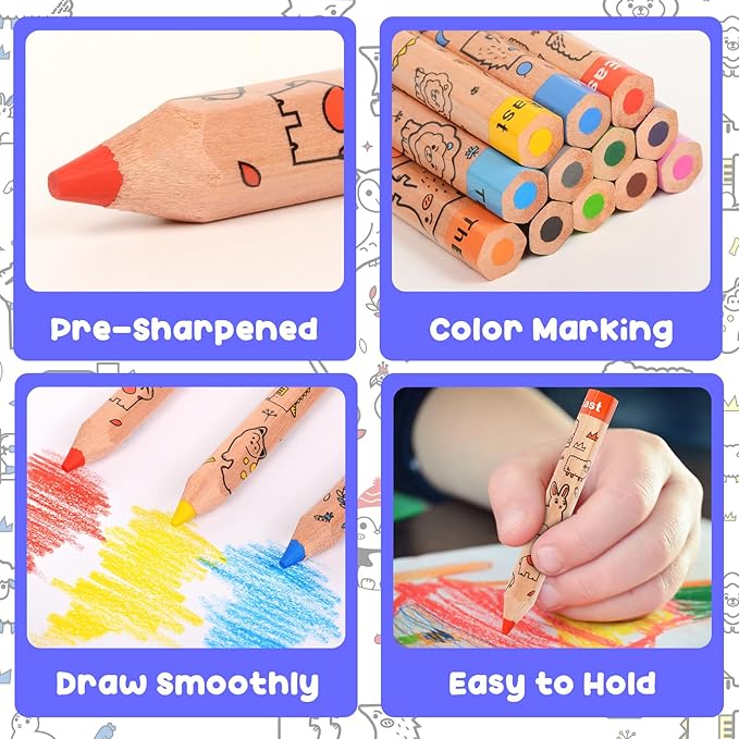 ThEast 12 Short Colored Pencils for Kids, Cute Animal Toddlers Crayons Color Pencil with Sharpener, Preschool Party Favors, Pre-Sharpened(Pack of 1)