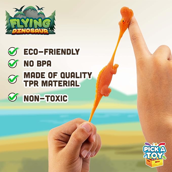 PICK A TOY Stretchy Slingshot Dinosaur Toys – 36 Mini Rubber Dinosaurs, Party Favors, Kids Prizes, Easter Egg Fillers, Finger Flingers Flying Chicken Toy