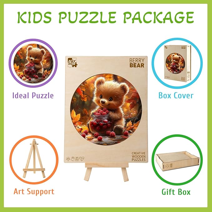 Wooden Puzzles for Kids Ages 4-6 - Berry Bear 50 Pieces Children Puzzles - Large Pieces Kids Puzzle with Unique Shapes - Educational Puzzles Toys for Boys and Girls (11.4 * 11.4 in)