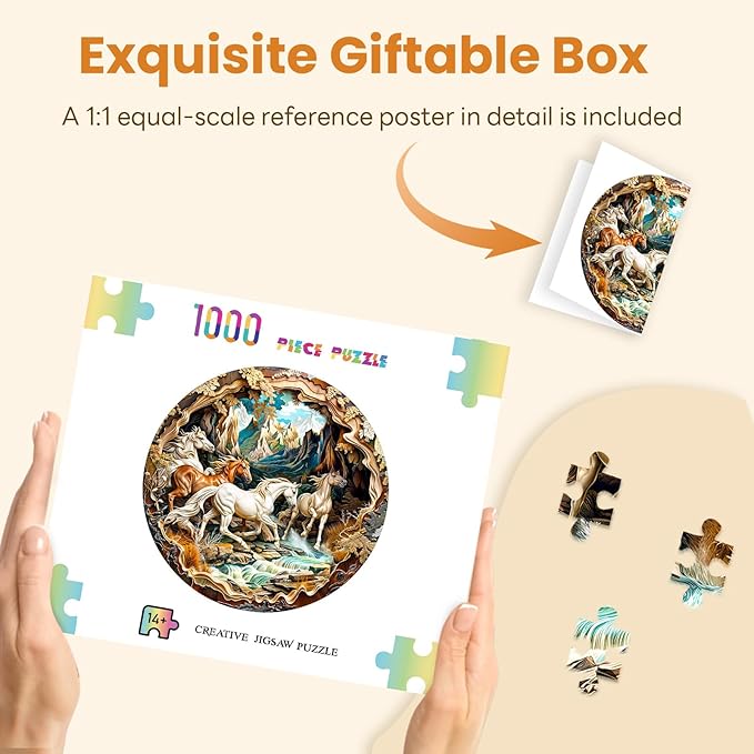 Masseruon 1000 Piece Puzzle for Adults, 26.6 * 26.6in Horse Puzzle for Adults, 1000 Pieces Flat Puzzles with 3D Visual Effect When Completed, Adult Puzzles Games
