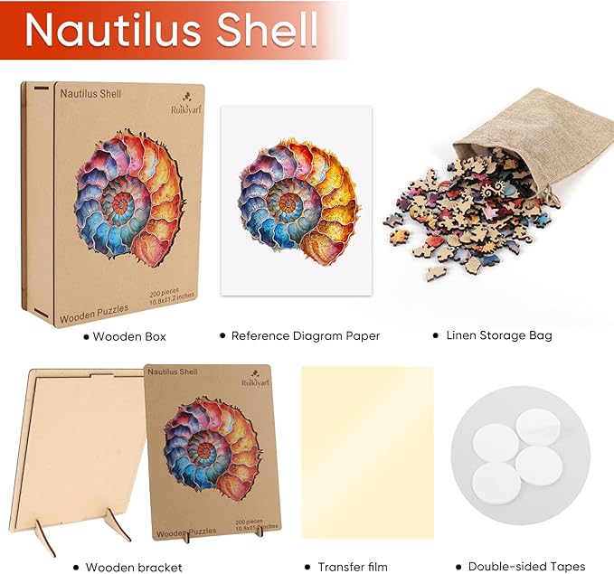 Ruikiyart Wooden Puzzles for Adults, 5MM 200 Pieces Seashell Jigsaw Puzzles Conch Unique Shape Puzzles Gift for Kids and Adults on Birthday,Thanksgiving,Christmas (10.8"x11.2")