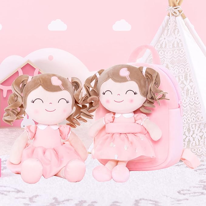Gloveleya Toddler Backpack Baby Girl Gifts Plush Bag Diaper Bag with Spring Girls Doll Curly Hair Girl Toys with Love Pink 9 Inches