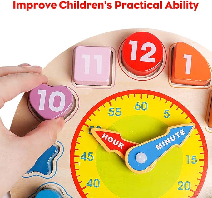 Skrtuan Wooden Sorting Clock Toy for Toddlers 3-5 Years Old, Montessori Early Learning Toy for Teaching Time, Numbers, Shapes & Colors, Educational Gift for Baby Kids
