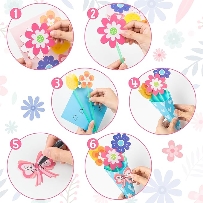 BeYumi Flower Bouquet Craft Kit - 72Pcs Mother's Day Flower Bouquet Craft in Two Colors for Kids Make Your Own Bunch of Flowers Teacher Appreciation Week DIY Gift School Classroom Home Fun Activities