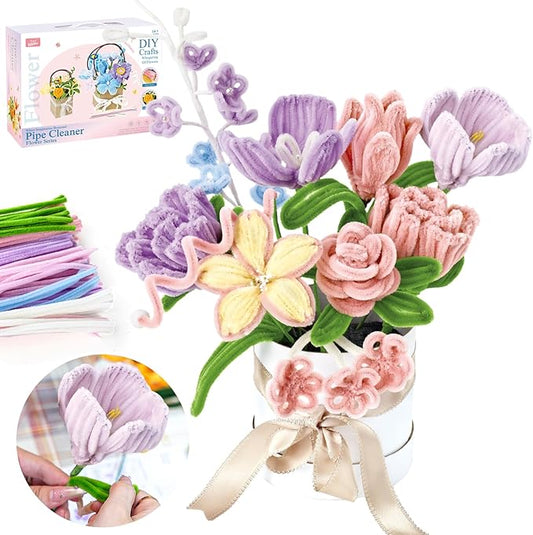 Pipe Cleaners Craft, Multi-Colored Pipe Cleaners Kit, Chenille Stems for DIY Flower Making Kit with Floral Wires, Come with Flower Base, Ideas for Party & Home Decor (A14)